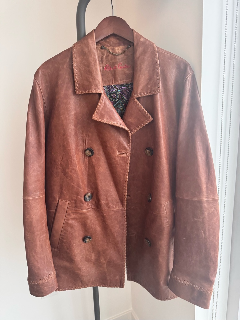 Robert Graham Brown Leather Double-Breasted Pea Coat